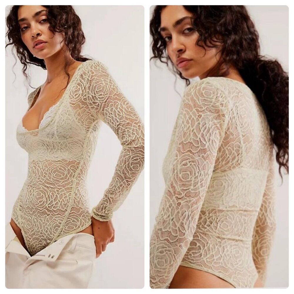 INTIMATELY FREE PEOPLE In My Head Green Lace Long Sleeve Bodysuit Size XSP NEW!
